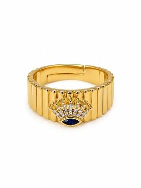 Crown & Blue Evil Eye Statement Ring Adjustable Stainless Steel Zircon Accented